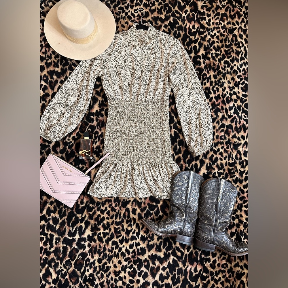 Tan & brown spotted dress; Purchased at vending booth in Texas.